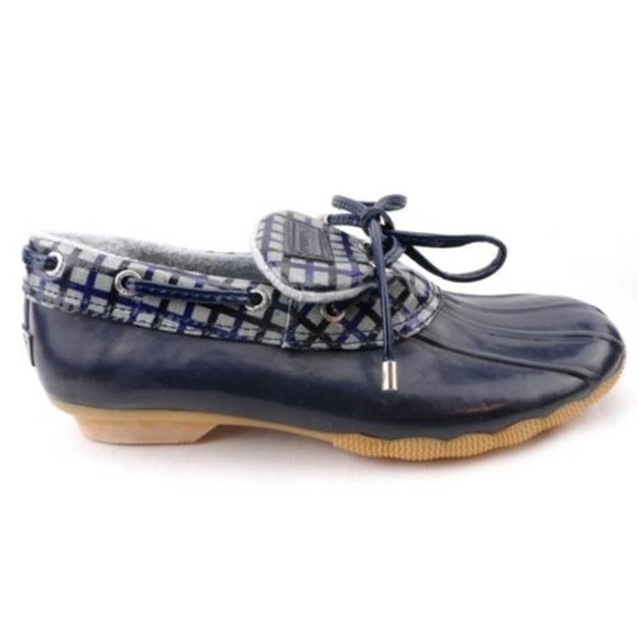 Sperry Navy Blue and Gray Plaid Low Top Fleece Lined Duck Shoes • Size 6 🗣 - Picture 1 of 6